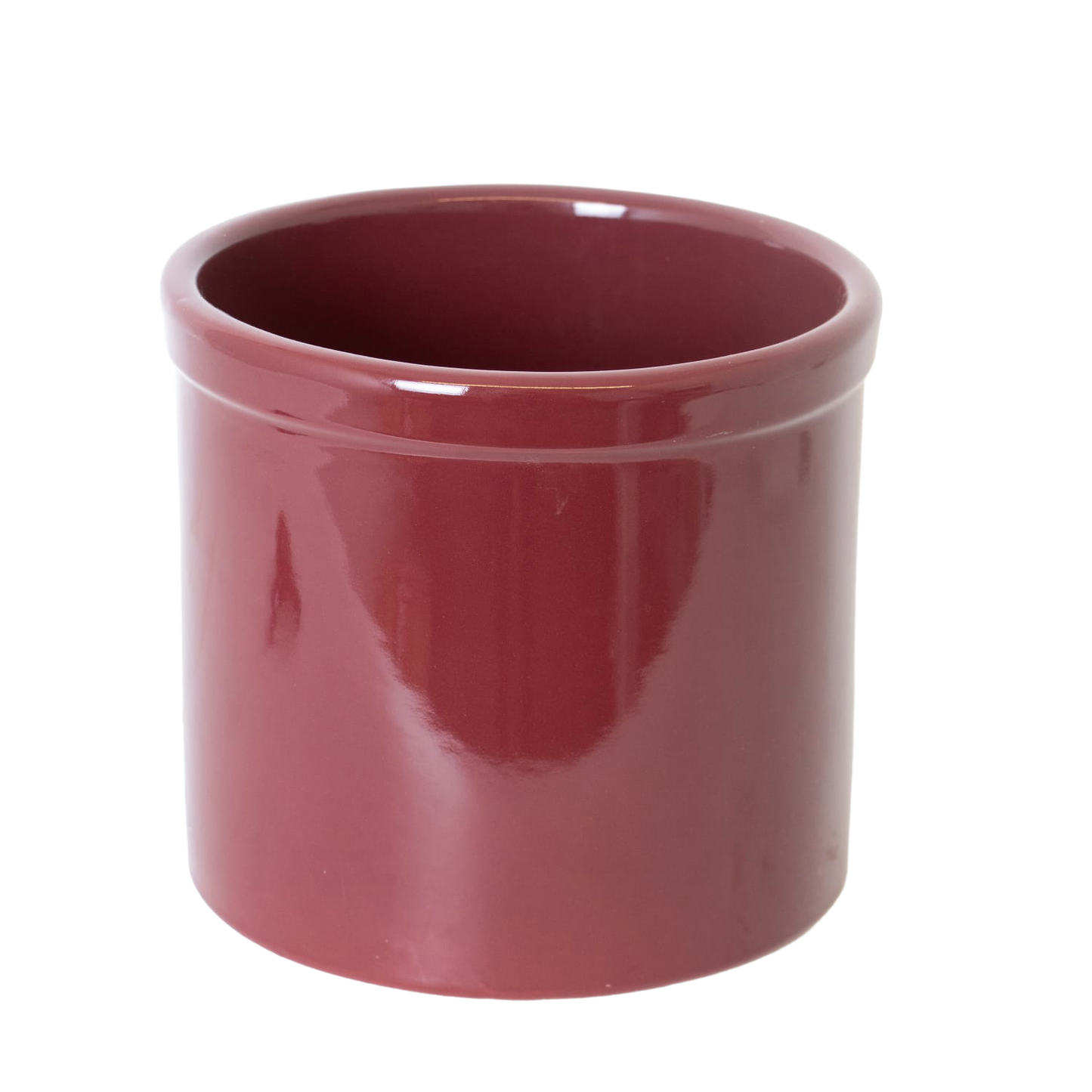Glossy deep red 2-gallon stoneware crock with a lead-free, food-safe glaze, handmade in the USA, perfect for fermenting, pickling, and kitchen use in Food Preservation and USA Made collections.