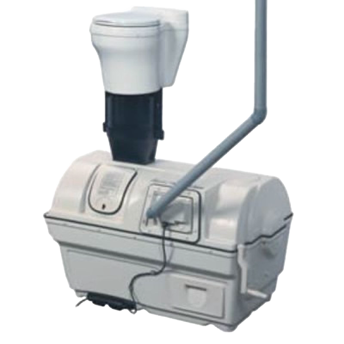 Compact water-free composting toilet system in white and grey, designed for efficient waste management with vent pipe, featured in Appliances, Composting Toilets, and Best Sellers collections.
