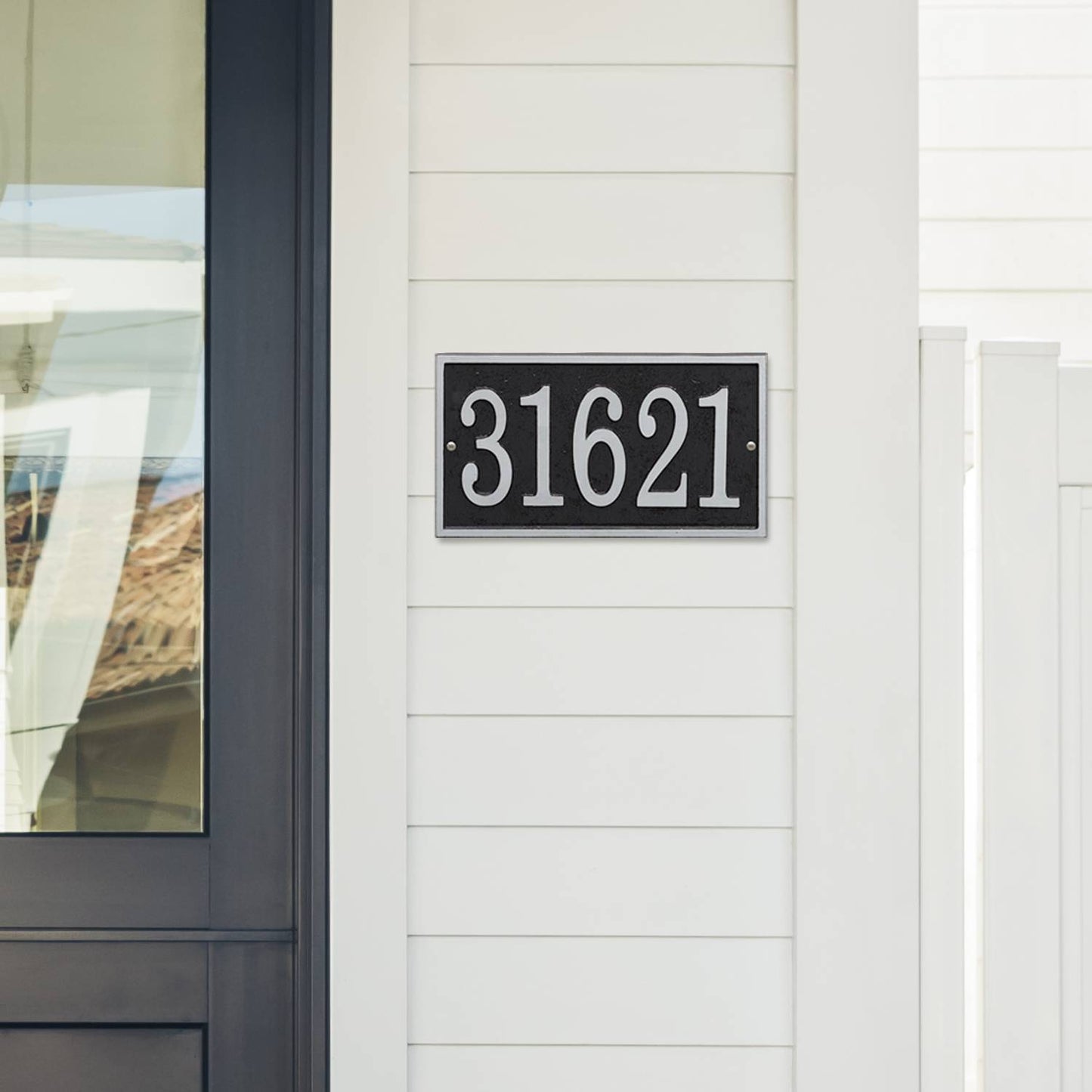 Handcrafted black and silver rectangular address plaque with raised numerals, made in USA, designed to enhance curb appeal, part of Home & Decor and Mailboxes and Address Signs collections.