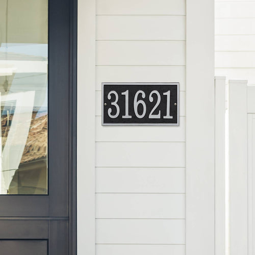 Handcrafted black and silver rectangular address plaque with raised numerals, made in USA, designed to enhance curb appeal, part of Home & Decor and Mailboxes and Address Signs collections.