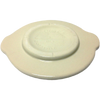 Cream-colored stoneware crock cover with side handles and raised center, handcrafted in USA, ideal for food preservation and fermenting in kitchen and pickling collections.