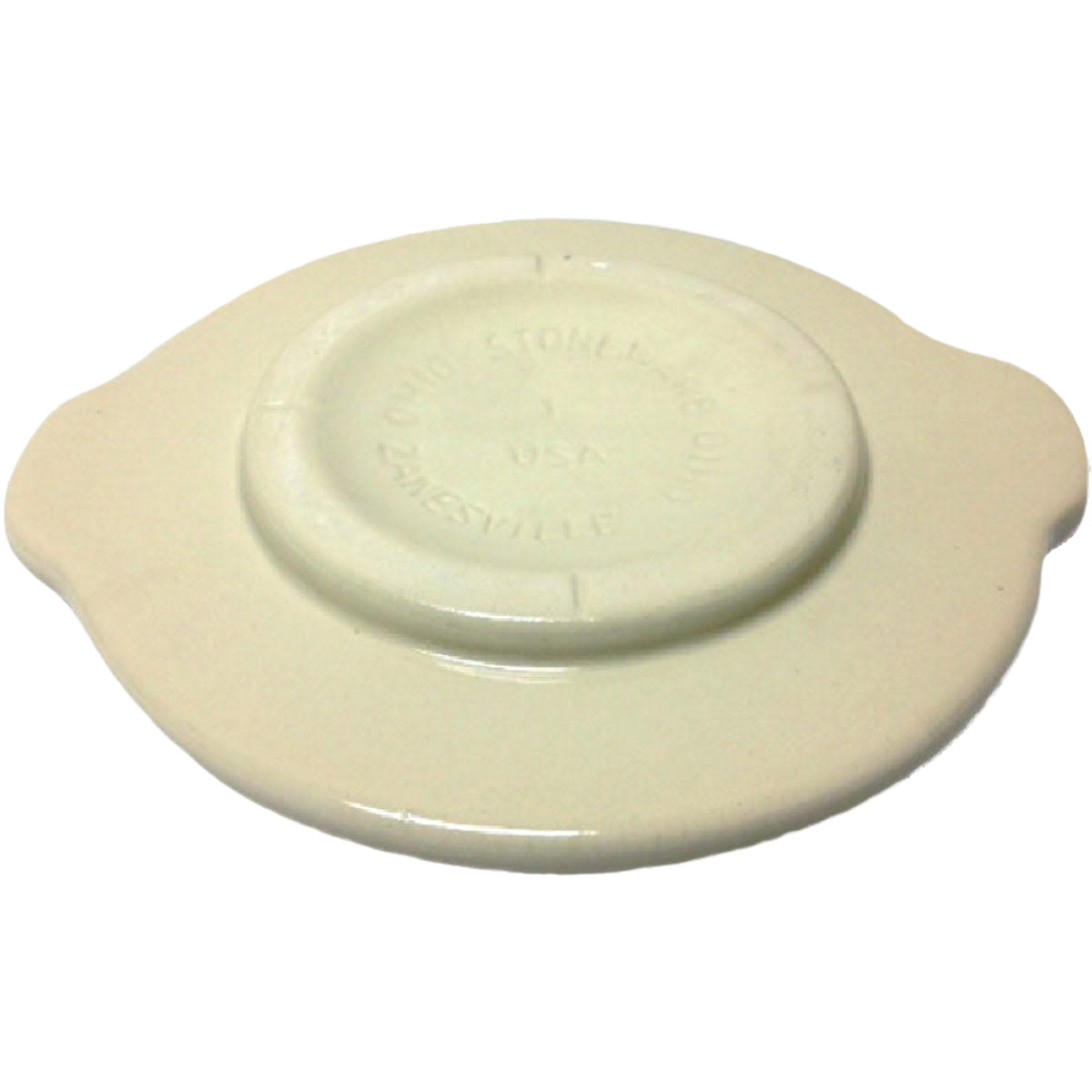 Cream-colored stoneware crock cover with side handles and raised center, handcrafted in USA, ideal for food preservation and fermenting in kitchen and pickling collections.
