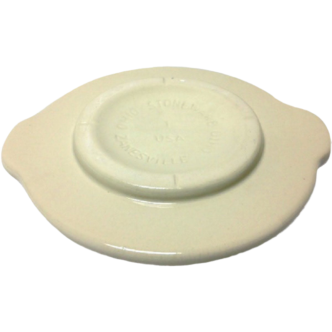 Cream-colored stoneware crock cover with side handles and raised center, handcrafted in USA, ideal for food preservation and fermenting in kitchen and pickling collections.