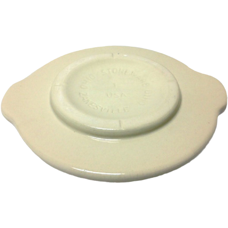 Cream-colored stoneware crock cover with side handles and raised center, handcrafted in USA, ideal for food preservation and fermenting in kitchen and pickling collections.