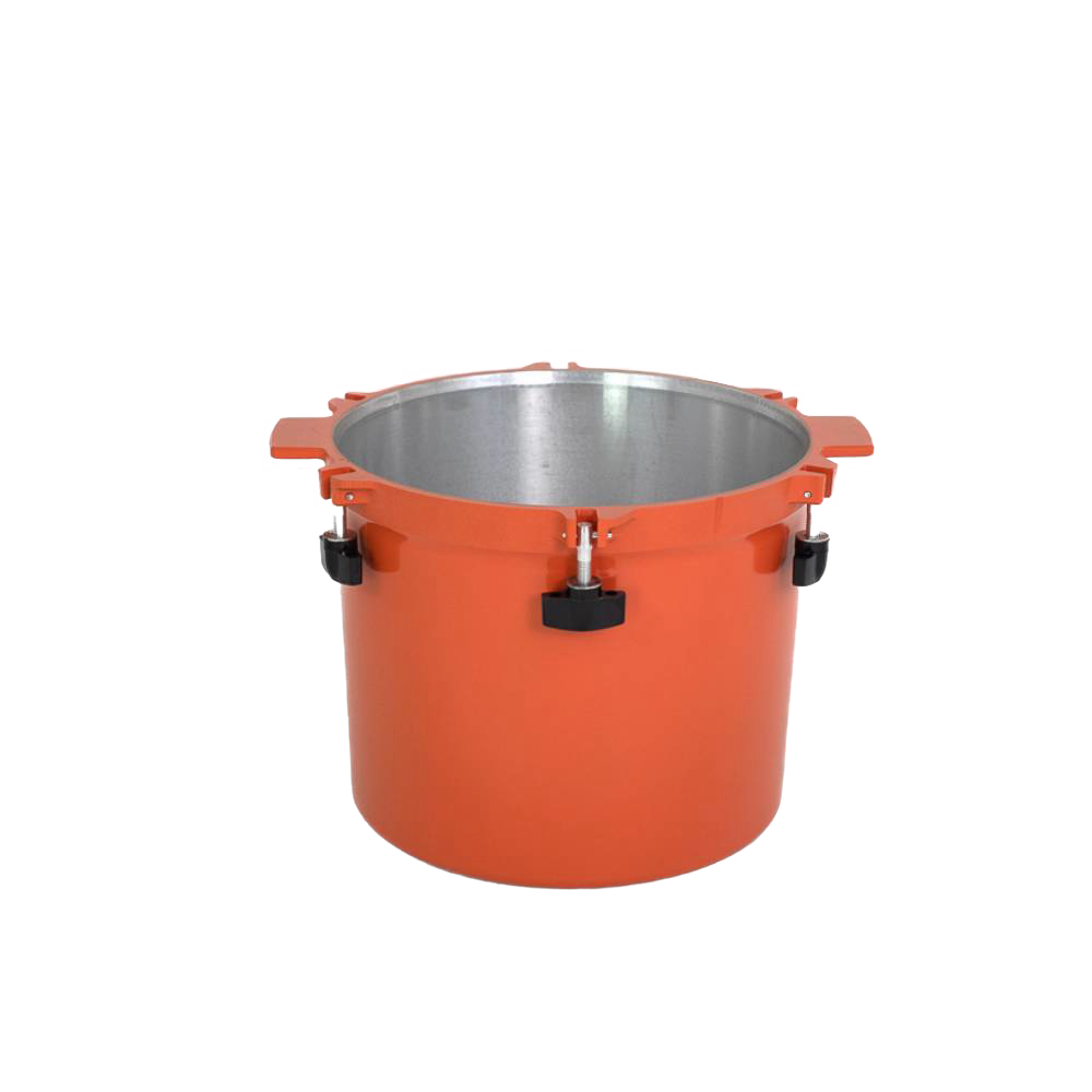 Vibrant orange handcrafted 21.5-quart pressure canner pot with secure locking clamps and dual side handles, made in USA for Kitchen & Food, Food Preservation, and Best Sellers collections.