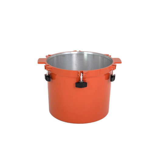 Vibrant orange handcrafted 21.5-quart pressure canner pot with secure locking clamps and dual side handles, made in USA for Kitchen & Food, Food Preservation, and Best Sellers collections.
