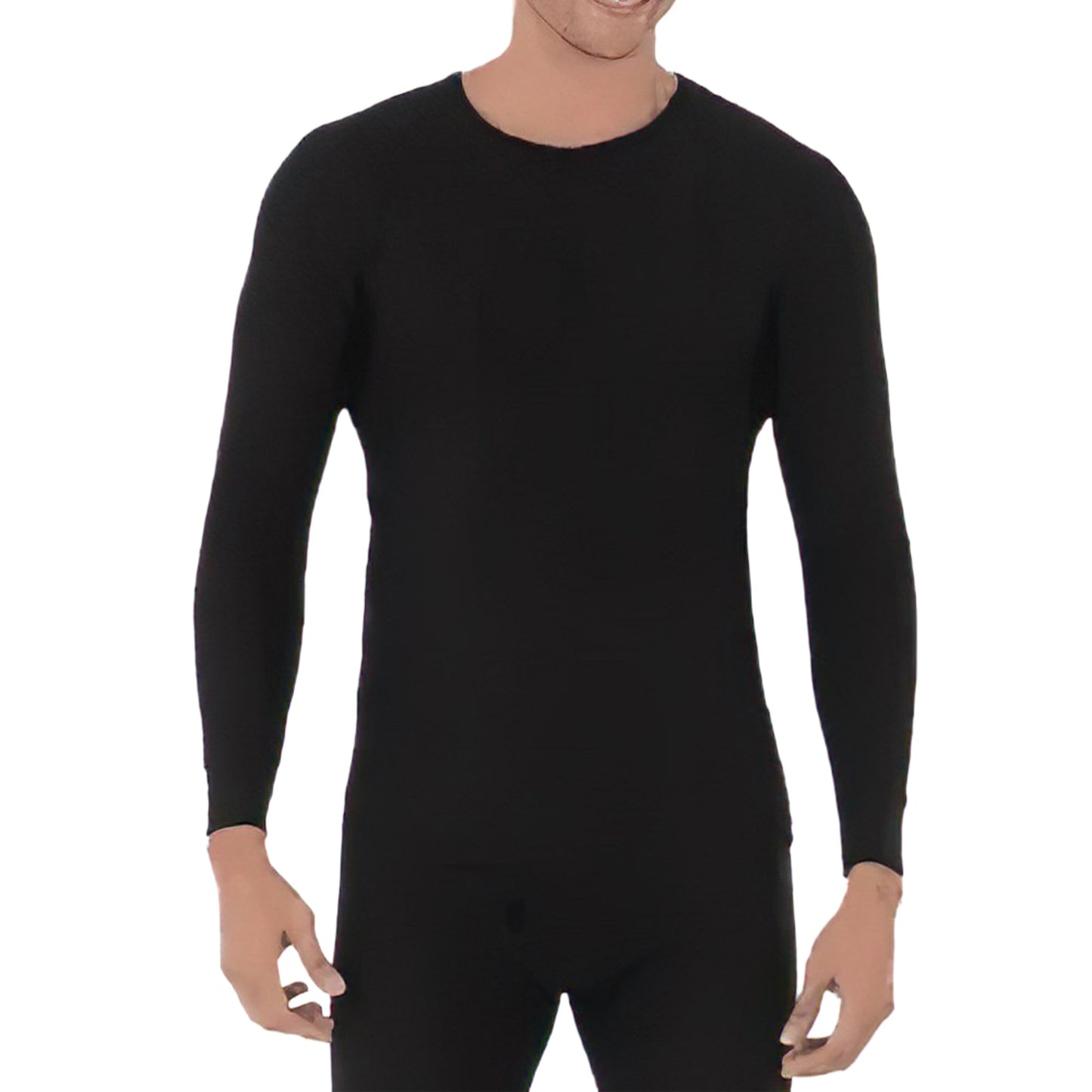 Man modeling a black fleece military weight long johns shirt with long sleeves, designed to wick moisture and provide warmth, featured in Health & Wellness, Clothing and Accessories, and Best Sellers collections.