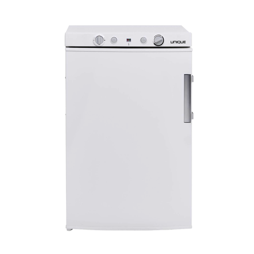 Compact white portable gas refrigerator with easy-to-use control knobs and sturdy handle, handcrafted for reliable outdoor refrigeration in Farm, Garden & Tool and Appliances collections.