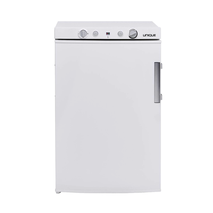 Compact white portable gas refrigerator with easy-to-use control knobs and sturdy handle, handcrafted for reliable outdoor refrigeration in Farm, Garden & Tool and Appliances collections.