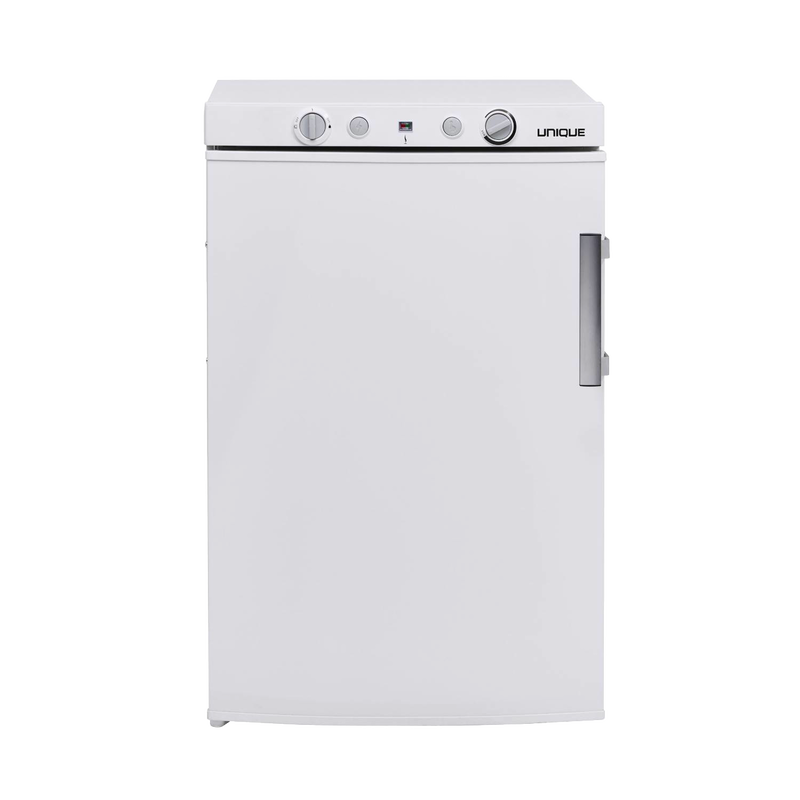 Compact white portable gas refrigerator with easy-to-use control knobs and sturdy handle, handcrafted for reliable outdoor refrigeration in Farm, Garden & Tool and Appliances collections.