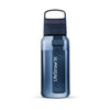 Blue translucent water bottle featuring an integrated filtration system for camping, emergency supplies, and outdoor use in farm, garden, and tool collections.