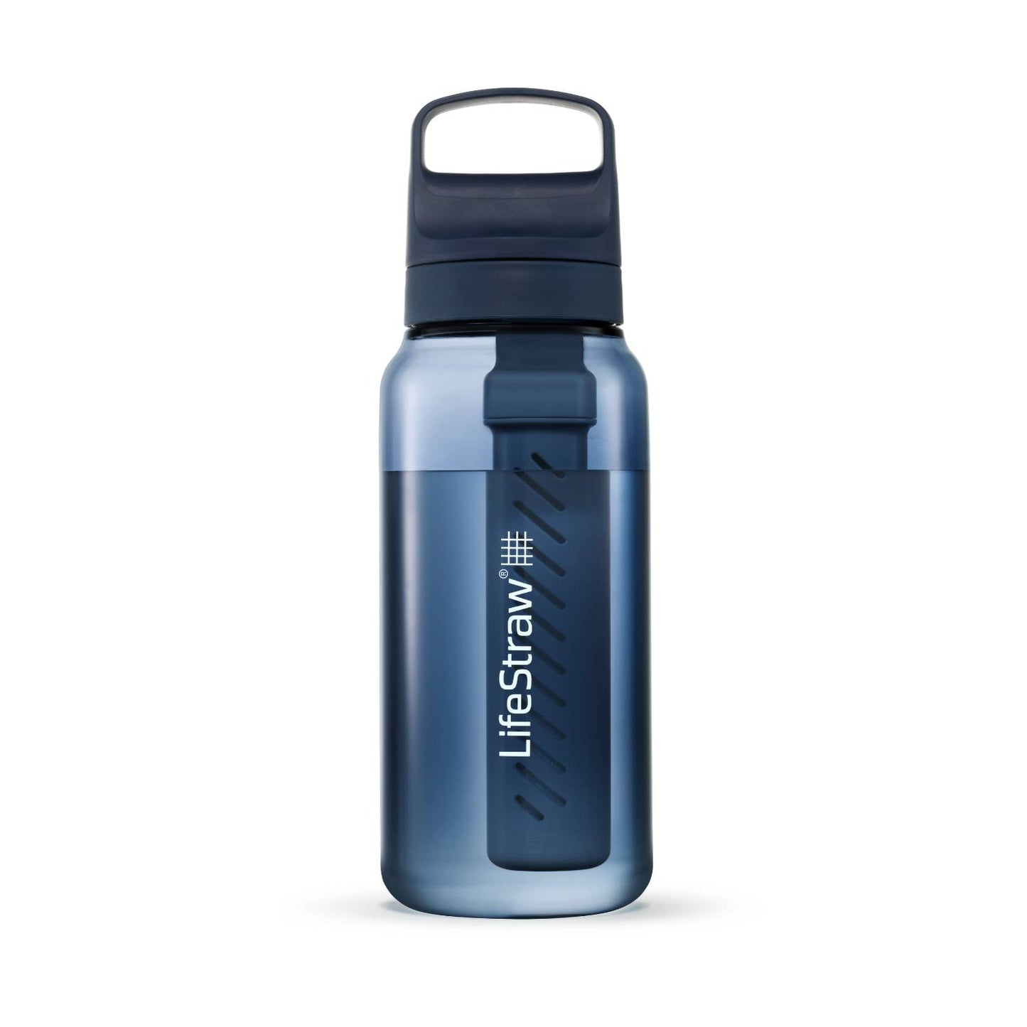 Blue translucent water bottle featuring an integrated filtration system for camping, emergency supplies, and outdoor use in farm, garden, and tool collections.