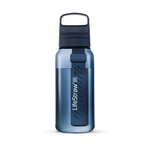 Blue translucent water bottle featuring an integrated filtration system for camping, emergency supplies, and outdoor use in farm, garden, and tool collections.