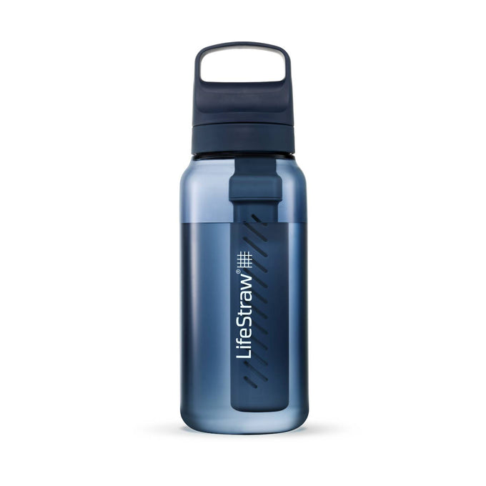Blue translucent water bottle featuring an integrated filtration system for camping, emergency supplies, and outdoor use in farm, garden, and tool collections.