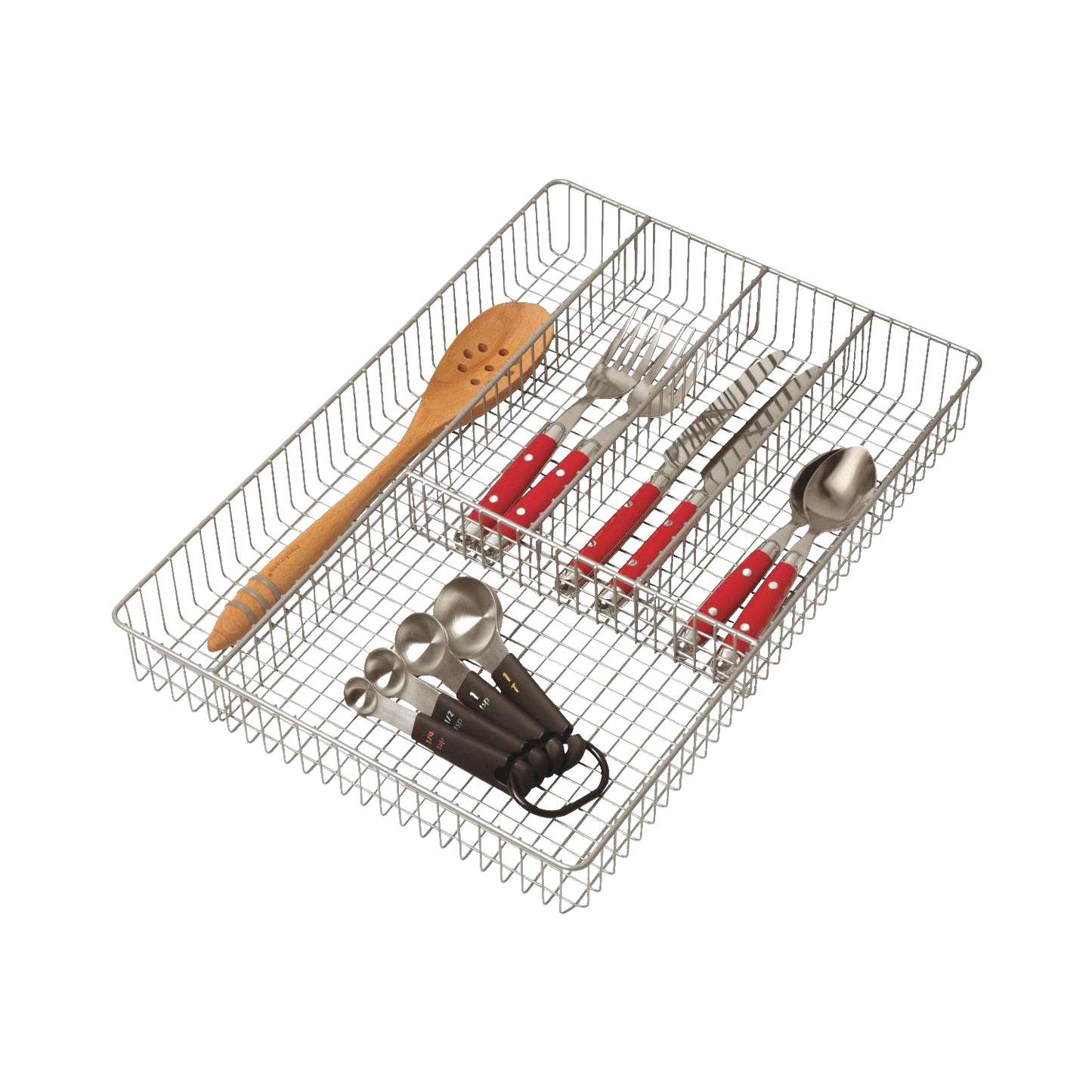 Large silverware tray organizer with a rustic cross-wire grid design and five compartments, holding cutlery and utensils, ideal for Kitchen & Food, Kitchen Gadgets, and Kitchen Accessories collections.