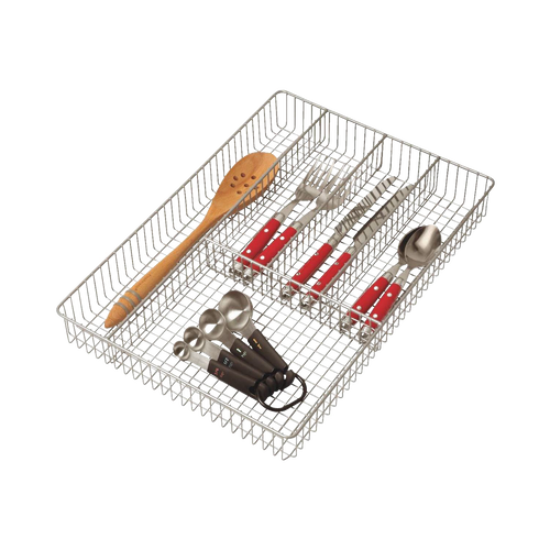 Large silverware tray organizer with a rustic cross-wire grid design and five compartments, holding cutlery and utensils, ideal for Kitchen & Food, Kitchen Gadgets, and Kitchen Accessories collections.