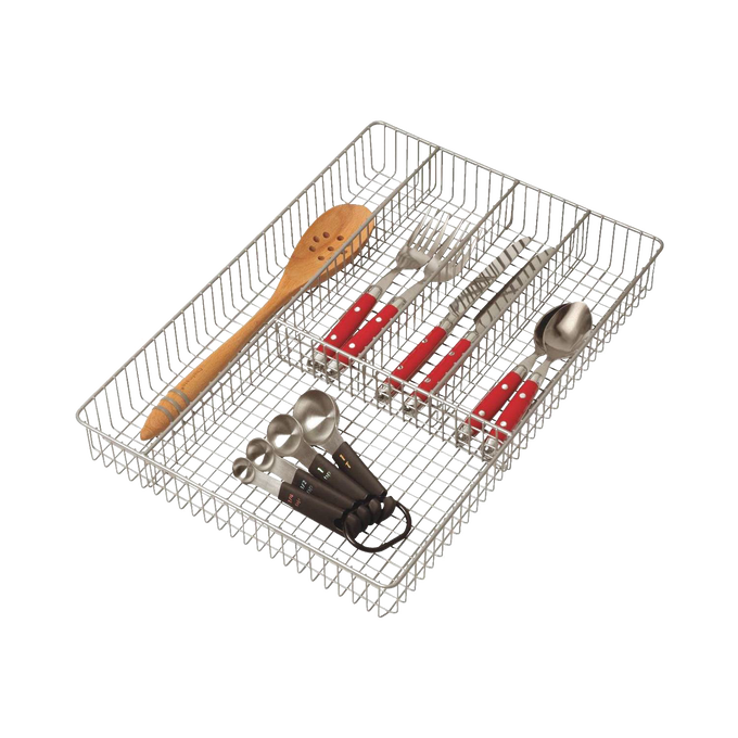 Large silverware tray organizer with a rustic cross-wire grid design and five compartments, holding cutlery and utensils, ideal for Kitchen & Food, Kitchen Gadgets, and Kitchen Accessories collections.