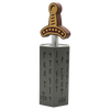 Handcrafted wooden brainteaser puzzle featuring a sword handle inserted into a stone block with engraved ancient-style markings, part of Toys, Games and Puzzles collections.