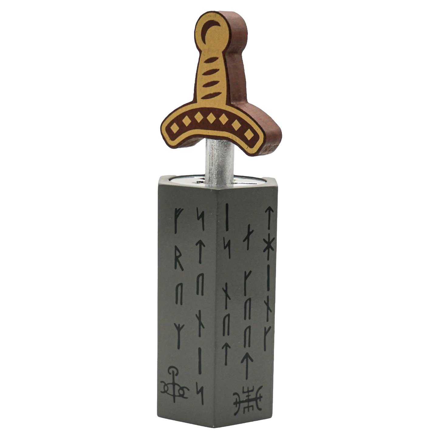 Handcrafted wooden brainteaser puzzle featuring a sword handle inserted into a stone block with engraved ancient-style markings, part of Toys, Games and Puzzles collections.