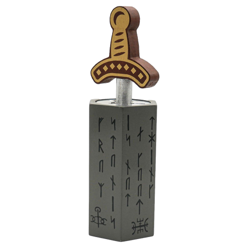 Handcrafted wooden brainteaser puzzle featuring a sword handle inserted into a stone block with engraved ancient-style markings, part of Toys, Games and Puzzles collections.