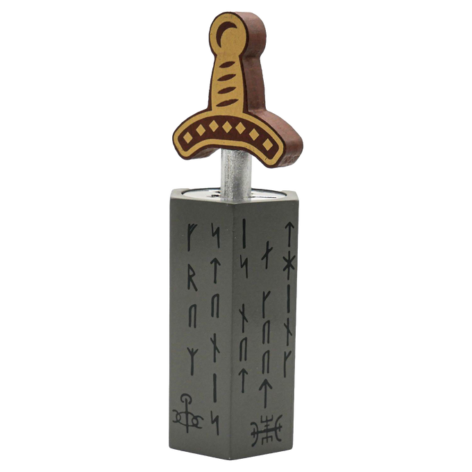 Handcrafted wooden brainteaser puzzle featuring a sword handle inserted into a stone block with engraved ancient-style markings, part of Toys, Games and Puzzles collections.