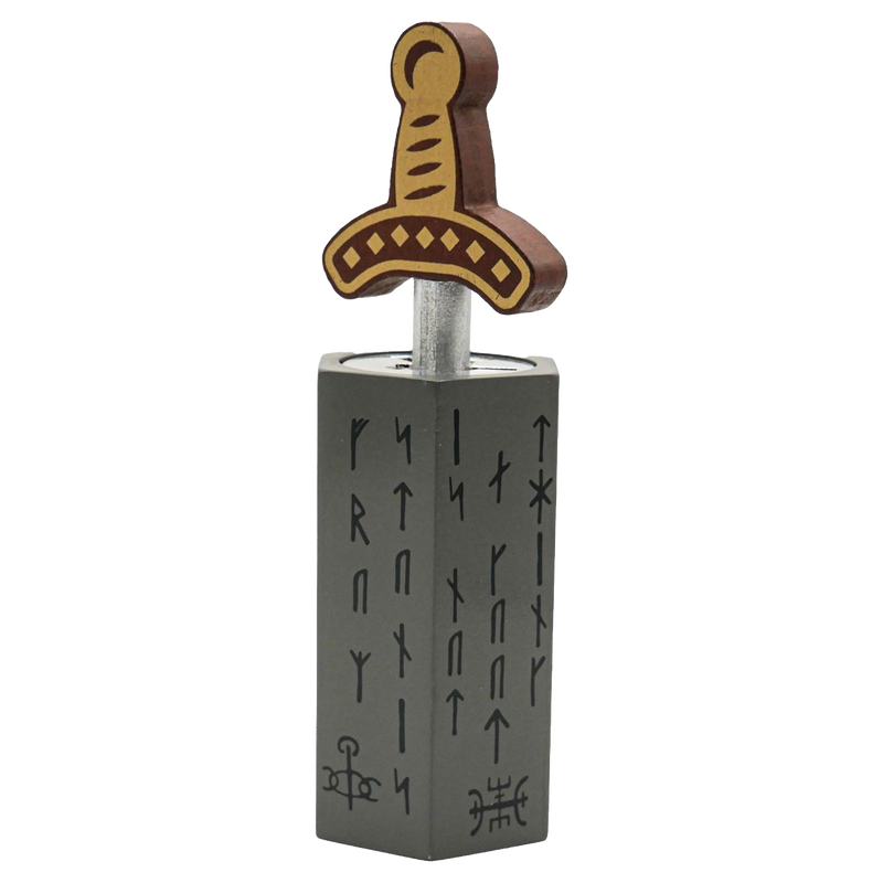 Handcrafted wooden brainteaser puzzle featuring a sword handle inserted into a stone block with engraved ancient-style markings, part of Toys, Games and Puzzles collections.