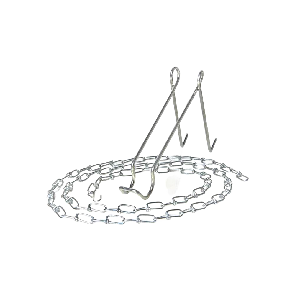 Metal chain and sturdy hooked hanger designed for suspending lamps from trees or posts, ideal for camping, emergency supplies, and outdoor lighting needs.
