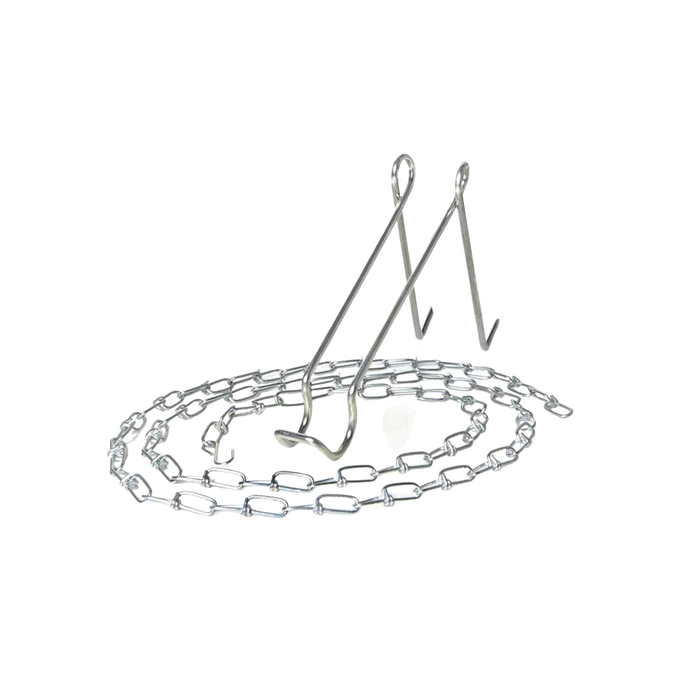 Metal chain and sturdy hooked hanger designed for suspending lamps from trees or posts, ideal for camping, emergency supplies, and outdoor lighting needs.