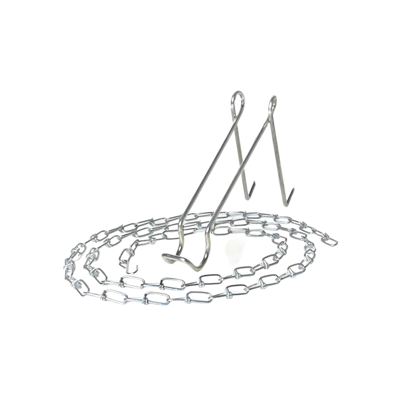 Metal chain and sturdy hooked hanger designed for suspending lamps from trees or posts, ideal for camping, emergency supplies, and outdoor lighting needs.
