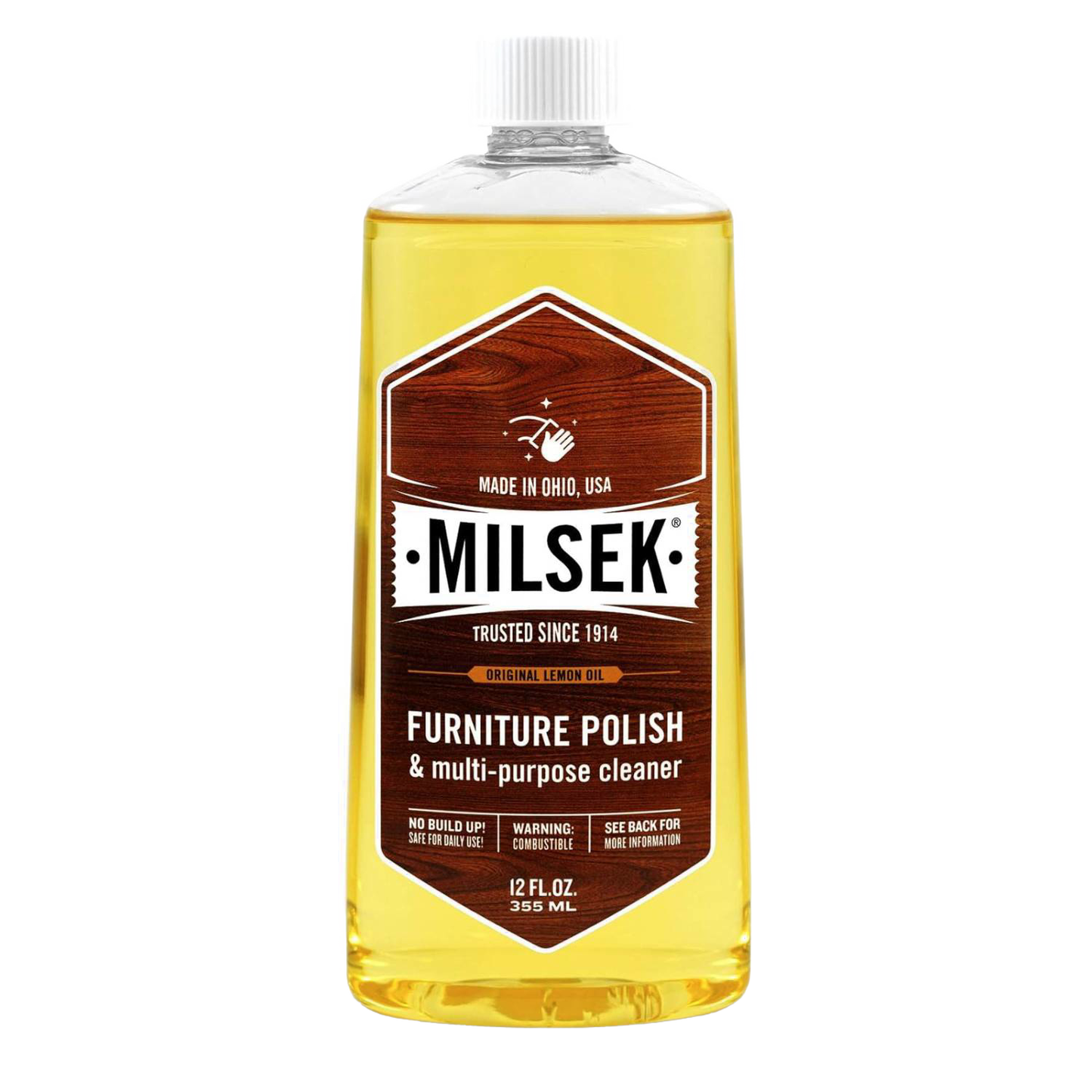 Clear plastic bottle of handcrafted furniture polish and multi-purpose cleaner with lemon oil formula and white cap, ideal for Home & Decor, Household Cleaning, and USA Made collections.