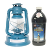 Blue metal oil lantern with clear glass globe beside a large black plastic bottle of citronella torch fuel, ideal for outdoor use in camping, garden, pest control, and emergency supplies collections.