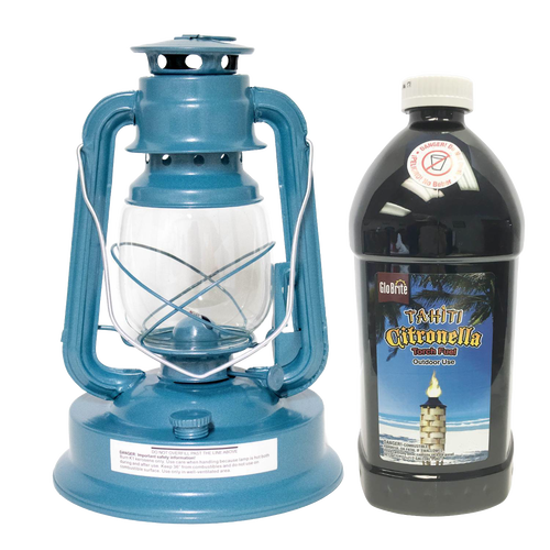 Blue metal oil lantern with clear glass globe beside a large black plastic bottle of citronella torch fuel, ideal for outdoor use in camping, garden, pest control, and emergency supplies collections.