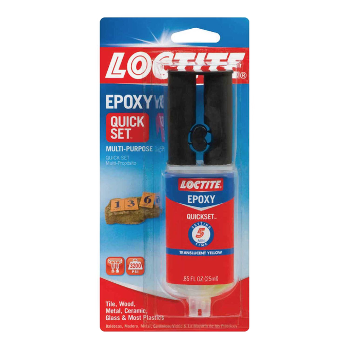 Tube of quick-setting epoxy adhesive with dual applicator tips in red, blue, and white packaging, designed for use in lamps and lighting repairs and accessories.