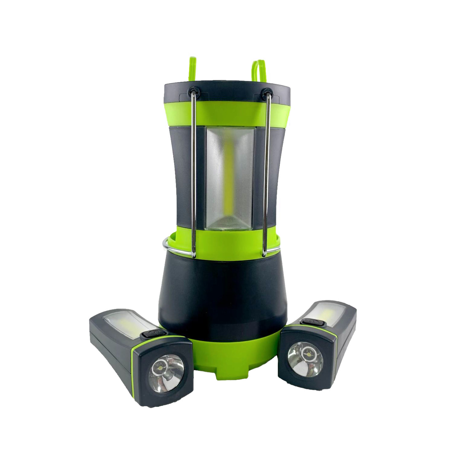 Green and black LED lantern with two detachable flashlights, featuring a sturdy handle and durable metal bars, designed for versatile use in camping, emergency supplies, and outdoor lighting collections.
