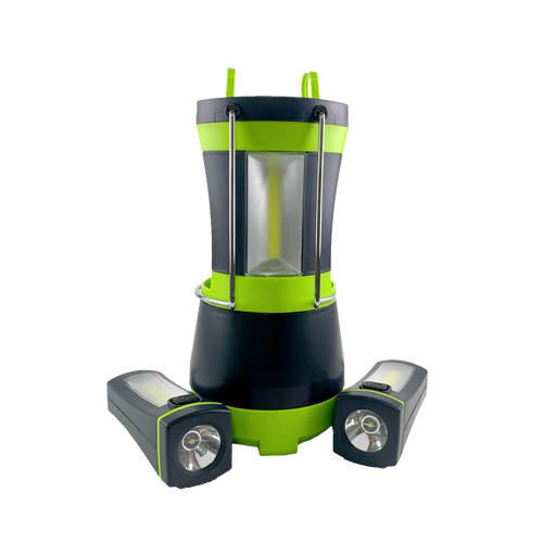Green and black LED lantern with two detachable flashlights, featuring a sturdy handle and durable metal bars, designed for versatile use in camping, emergency supplies, and outdoor lighting collections.