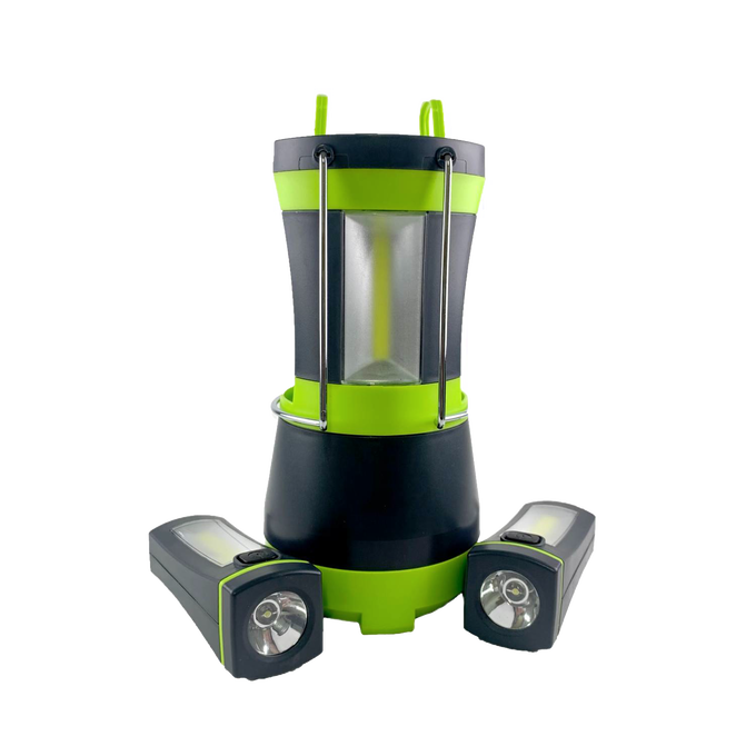 Green and black LED lantern with two detachable flashlights, featuring a sturdy handle and durable metal bars, designed for versatile use in camping, emergency supplies, and outdoor lighting collections.