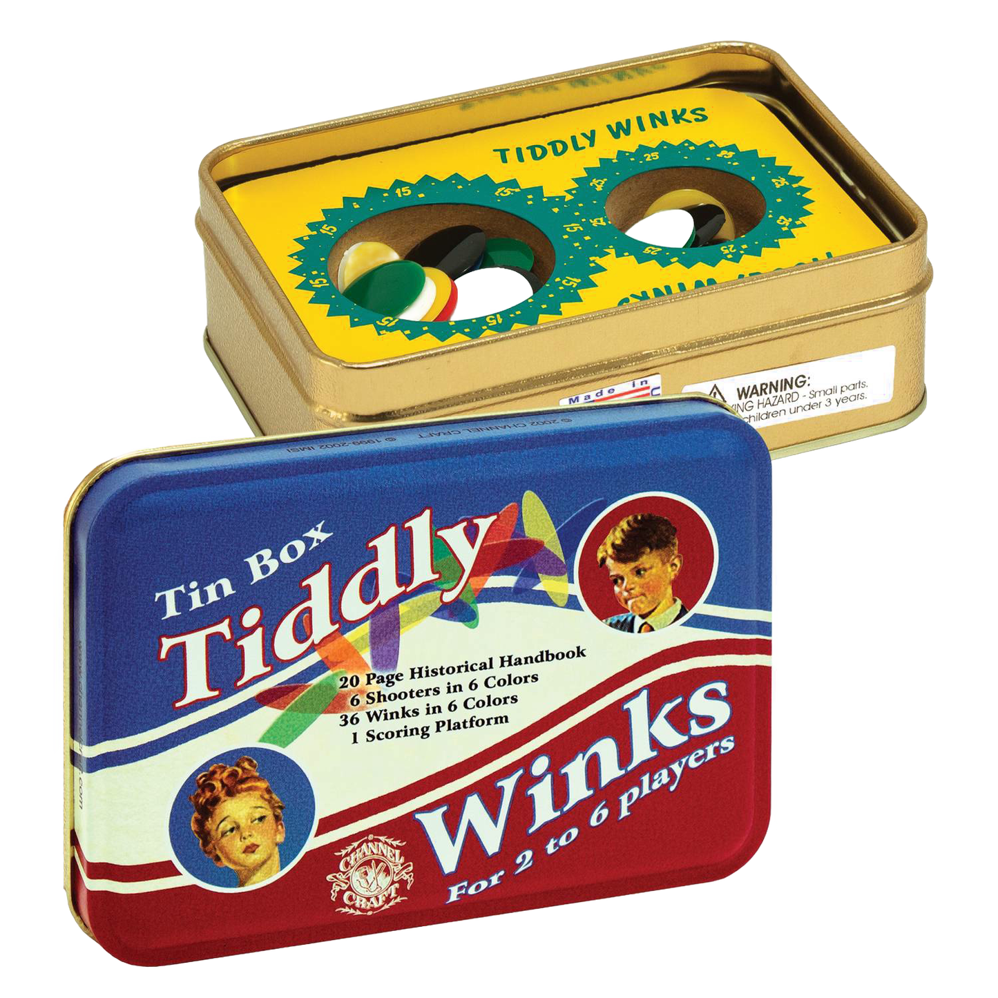 Handcrafted tin box of classic Tiddly Winks game featuring colorful winks and shooters, a scoring platform, and a 20-page historical handbook, made in USA, in Toys, Books & Games, USA Made, Children's Toys, Games and Puzzles, Table and Board Games, Best Sellers, Promo Eligible collections.