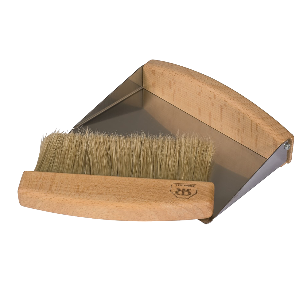 Magnetic brush and stainless steel dustpan with beechwood handles, designed for easy tabletop cleaning and storage, featured in Home & Decor and Household Cleaning collections.