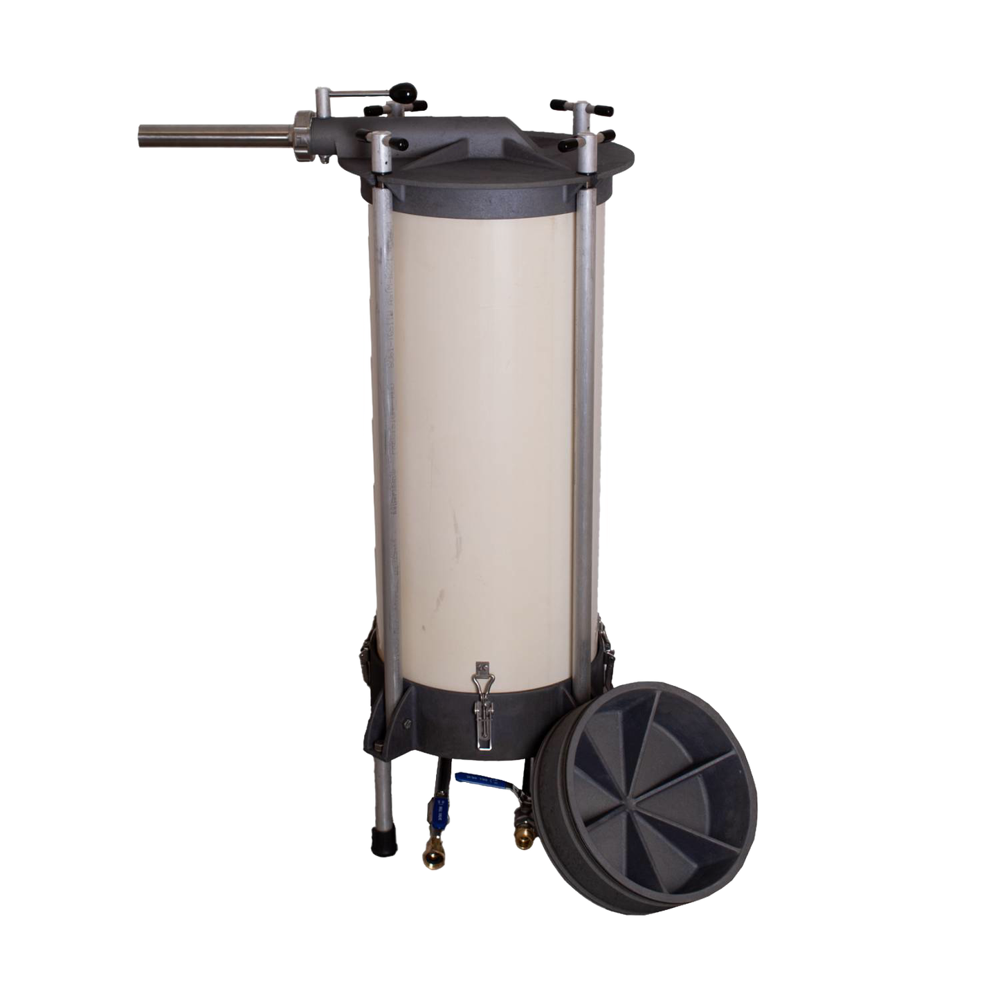 Handcrafted freestanding sausage stuffer featuring a durable cylindrical chamber, sturdy metal supports, and removable lid, Amish made in the USA, ideal for Kitchen & Food and Butchering Supplies collections.