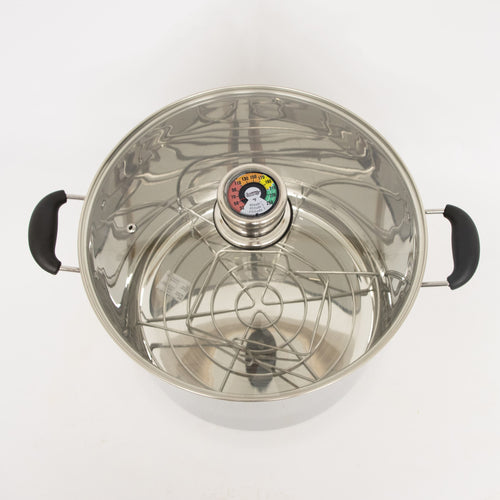 Top-down view of a handcrafted 21.5-quart stainless steel water bath canner with black handles, a built-in temperature gauge on the clear glass lid, designed for Kitchen & Food and Food Preservation collections.