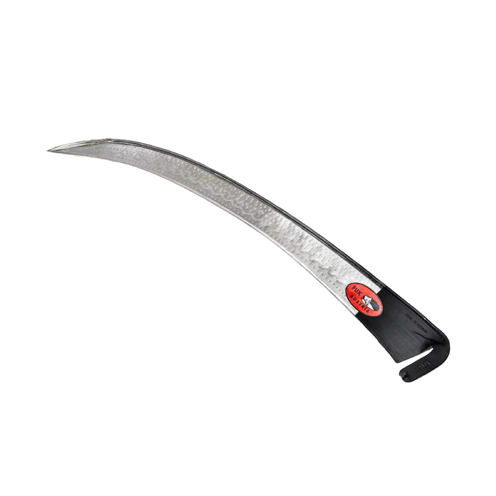 Curved scythe blade featuring a unique pointed tip designed for easier cutting through dense growth, crafted for farm, garden, lawncare, and best seller tool collections.
