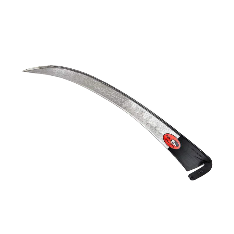 Curved scythe blade featuring a unique pointed tip designed for easier cutting through dense growth, crafted for farm, garden, lawncare, and best seller tool collections.