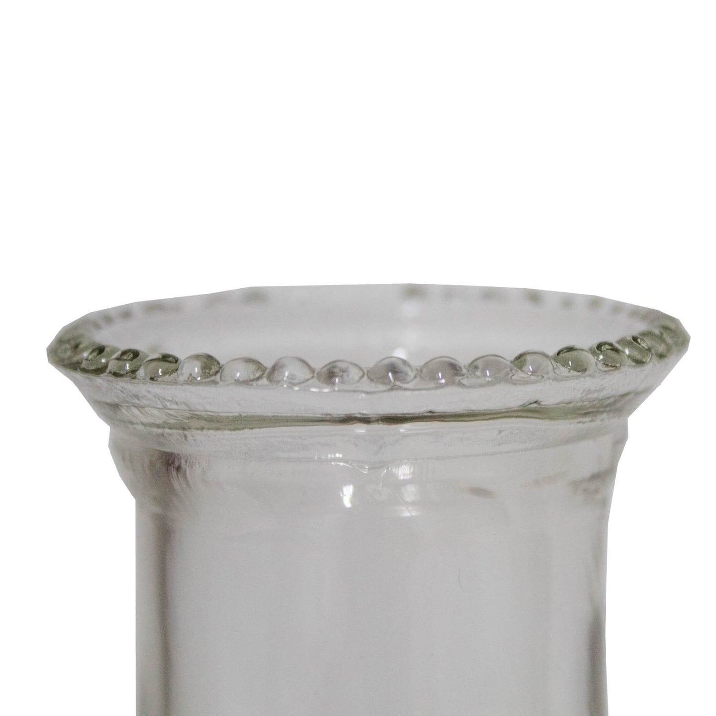 Close-up of the handcrafted clear glass chimney top with decorative bead rim, perfect for lamps & lighting, oil lamps, table lamps, best sellers, and promo eligible collections.