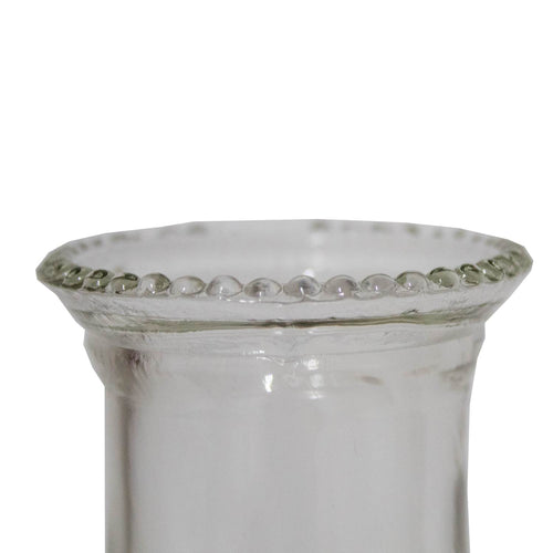 Close-up of the handcrafted clear glass chimney top with decorative bead rim, perfect for lamps & lighting, oil lamps, table lamps, best sellers, and promo eligible collections.