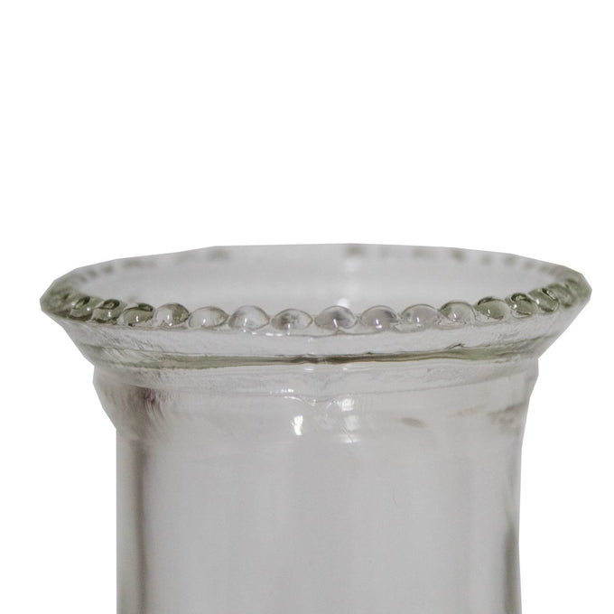 Close-up of the handcrafted clear glass chimney top with decorative bead rim, perfect for lamps & lighting, oil lamps, table lamps, best sellers, and promo eligible collections.