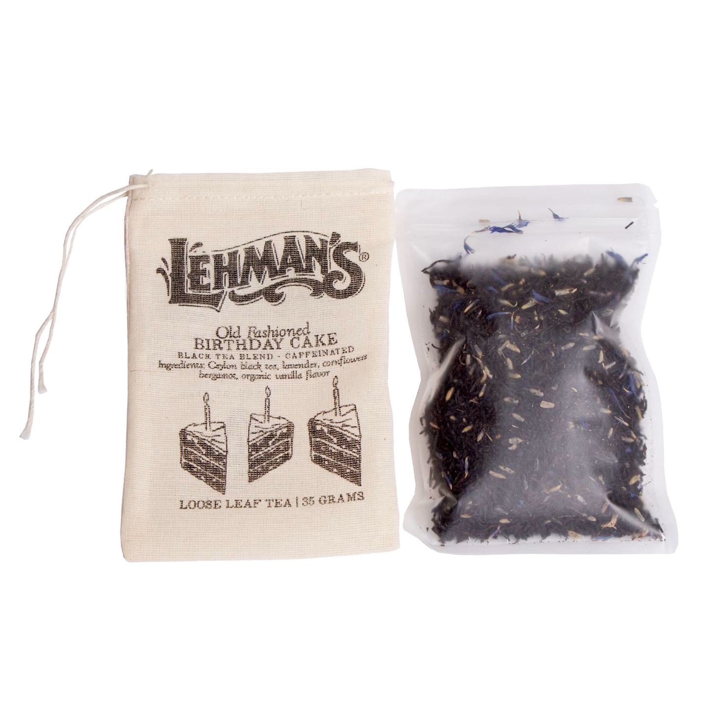 Small clear pouch of loose leaf black tea with a natural fabric drawstring bag labeled Lehman's Old Fashioned Birthday Cake tea, a handcrafted USA made product for Kitchen & Food, Beverages, Best Sellers, and Promo Eligible collections.