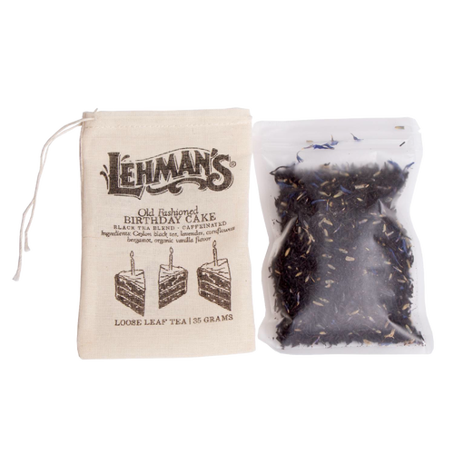 Small clear pouch of loose leaf black tea with a natural fabric drawstring bag labeled Lehman's Old Fashioned Birthday Cake tea, a handcrafted USA made product for Kitchen & Food, Beverages, Best Sellers, and Promo Eligible collections.