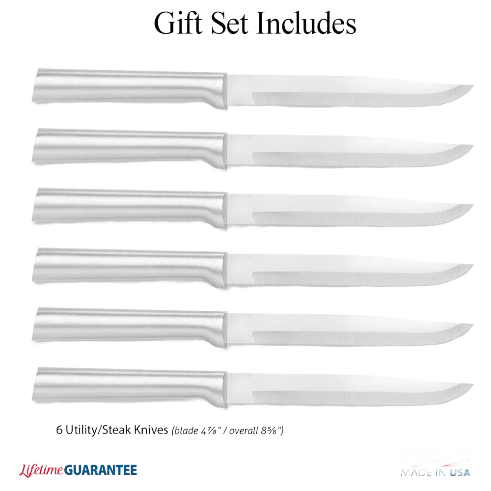 Set of six stainless steel steak knives with straight edges and smooth metal handles, handcrafted and made in USA, featured in kitchen and food prep collections.