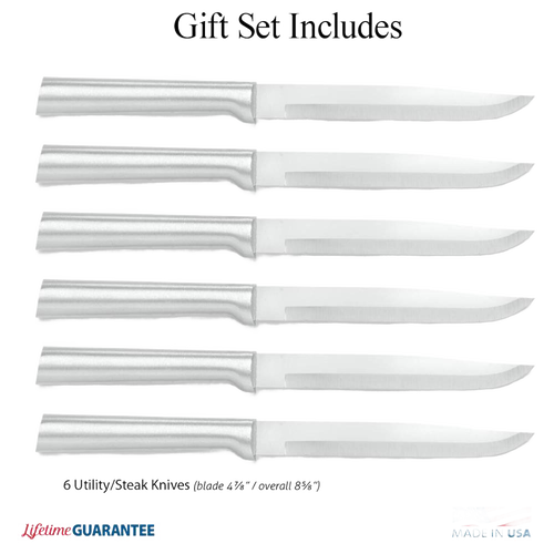 Set of six stainless steel steak knives with straight edges and smooth metal handles, handcrafted and made in USA, featured in kitchen and food prep collections.