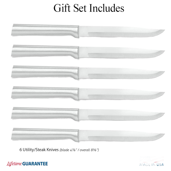 Set of six stainless steel steak knives with straight edges and smooth metal handles, handcrafted and made in USA, featured in kitchen and food prep collections.